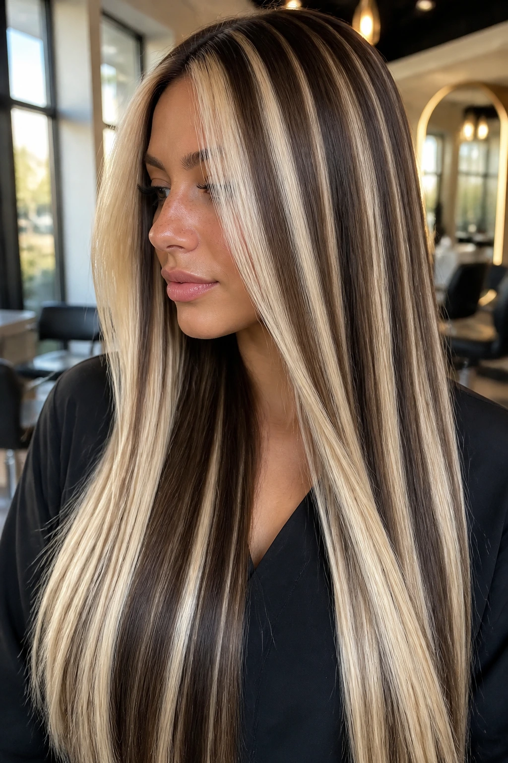 Close-up of a real woman with chunky platinum panels and espresso separation in long brunette hair.