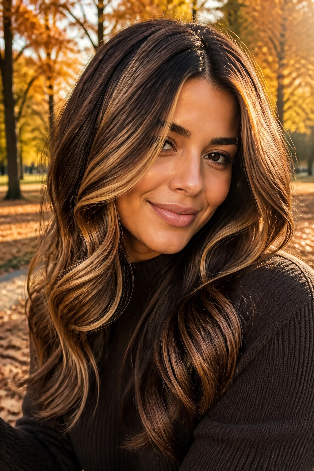 Close-up of real woman with chunky caramel ribbon highlights