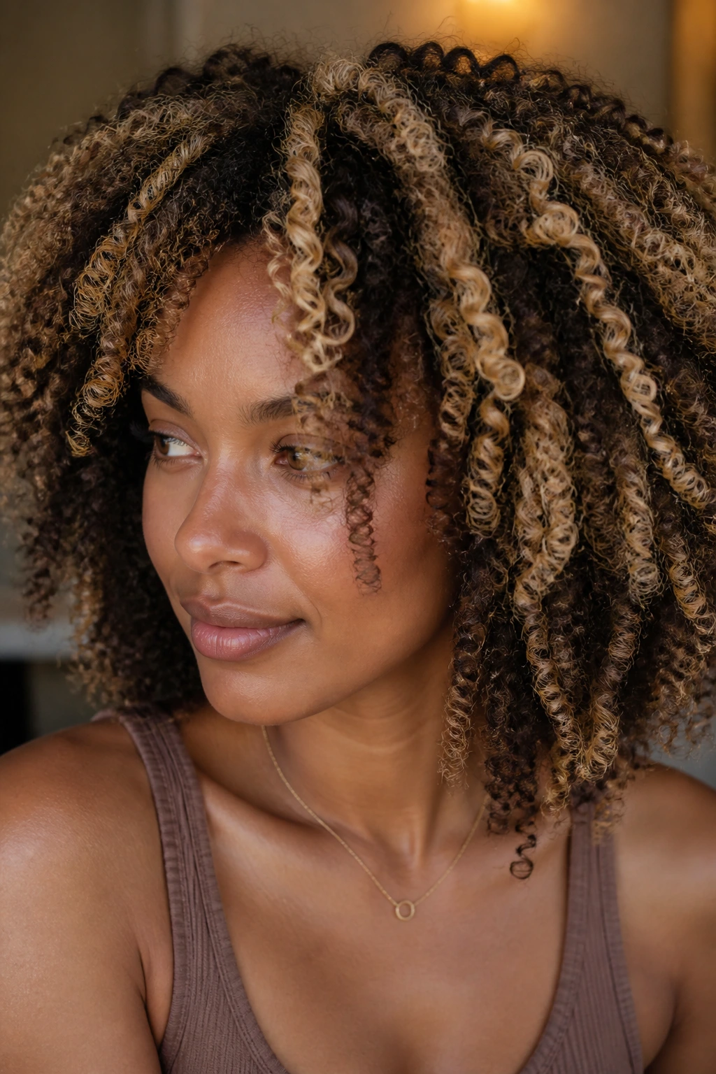 Curly hair with chunky ribbon highlights on crown and front