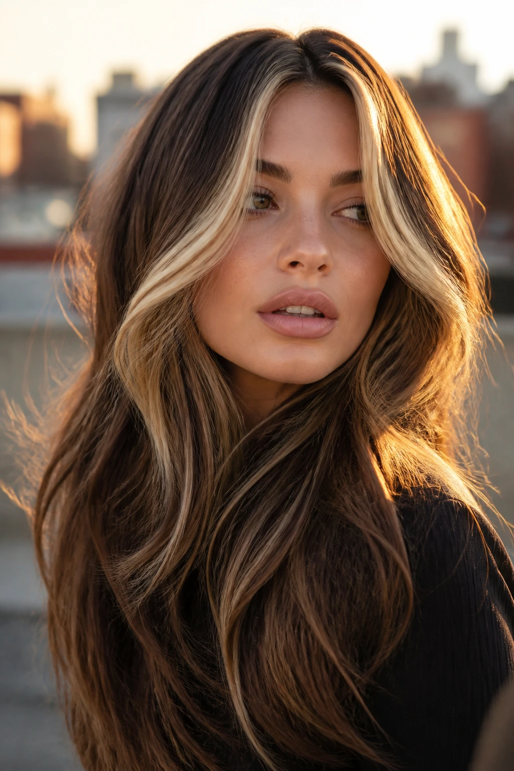 Brunette with chunky 90s blonde ribbons framing the face with thick hair.