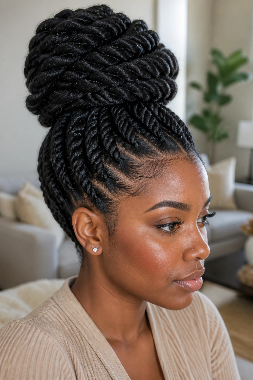 Close-up of a real woman with chunky rope twists in a bun