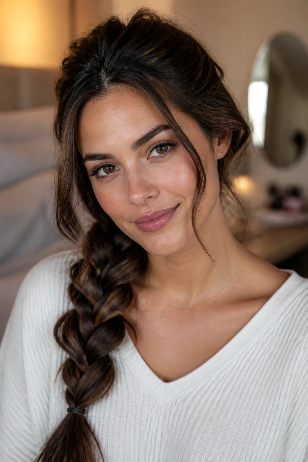 Real person with a chunky side braid and slim face-framing pieces