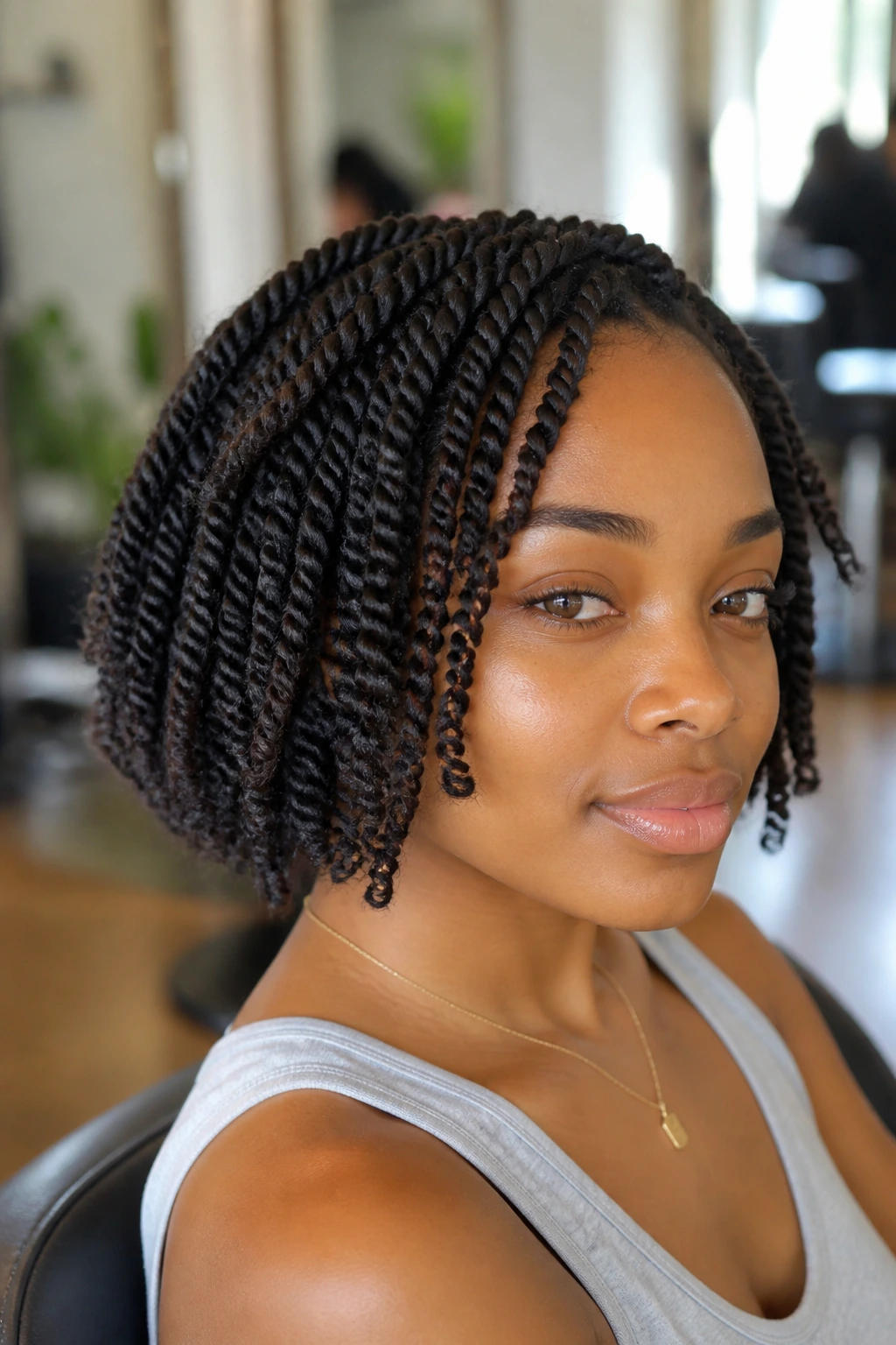 Close-up portrait of a real Black woman with chunky two-strand twist bob in a sunlit salon