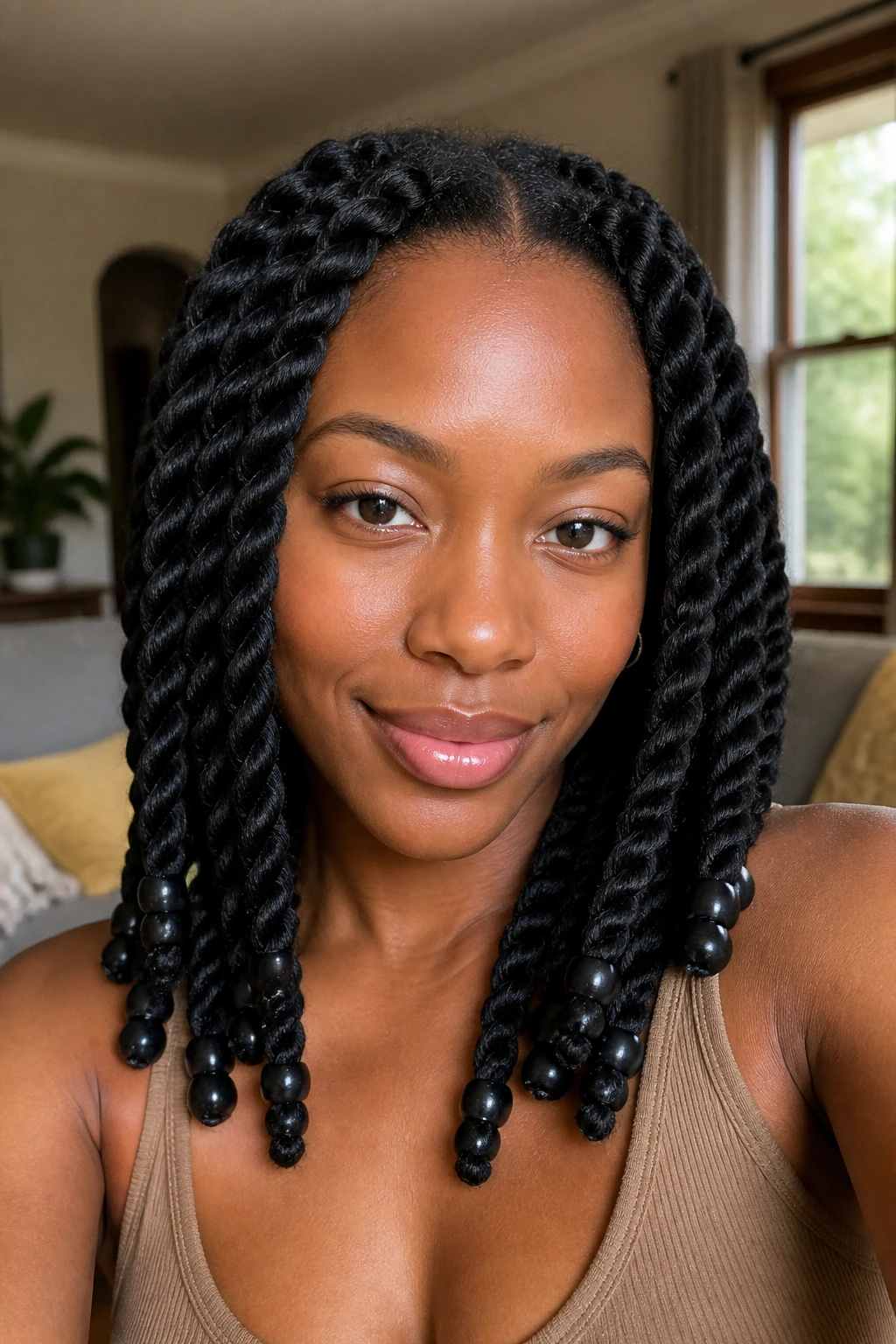 Real person with chunky twists and beads at the ends in a living room