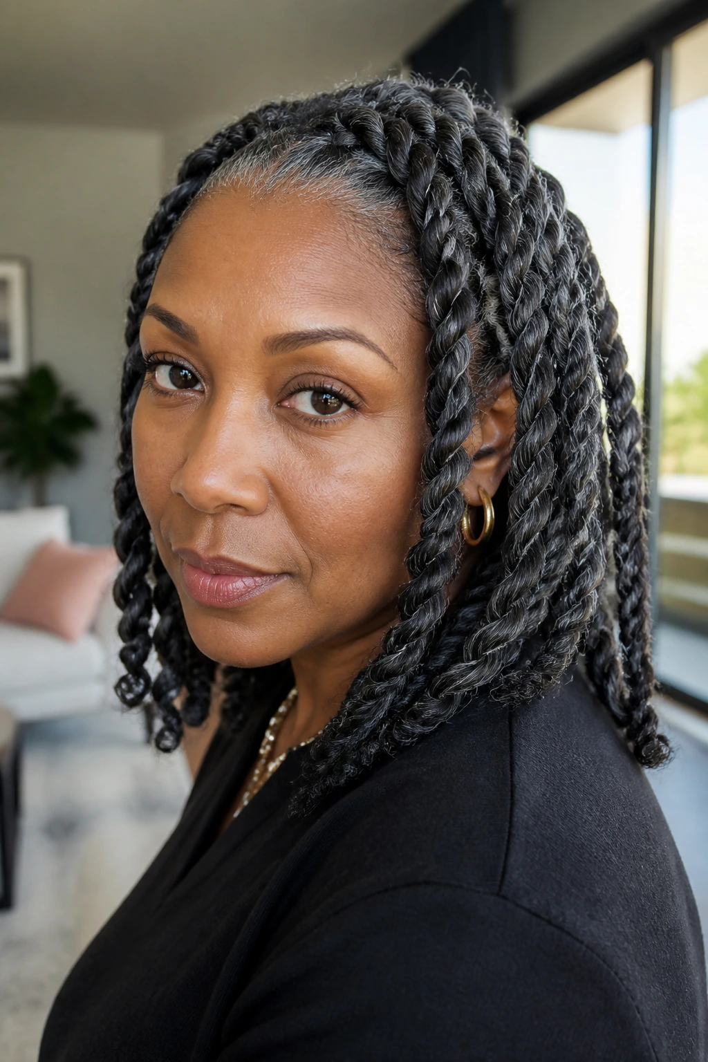 Close-up of a real woman with chunky two-strand twists showing gray woven into the twists