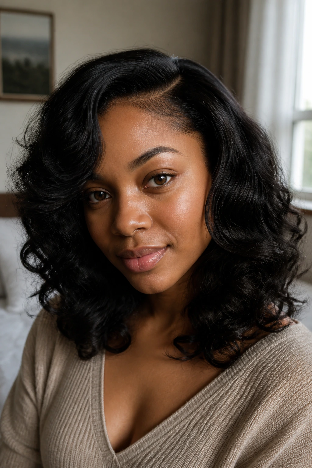 Close-up portrait of a Black woman wearing a chunky weave with side-part and lighter front layers