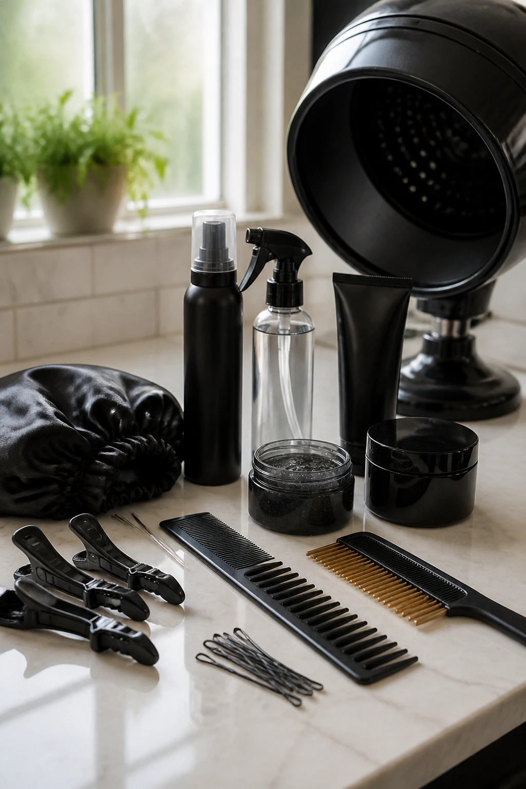 Close-up of essential tools for chunky weave styling on a bathroom counter