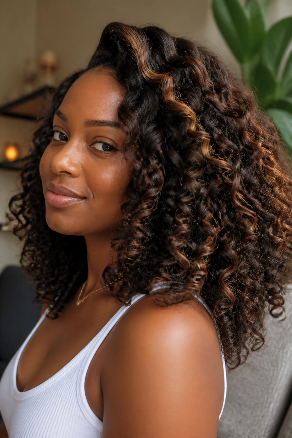 Hair in chunky weave on curly hair with movement