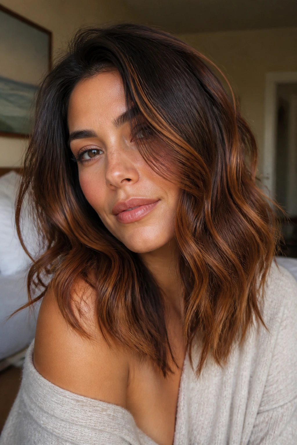 Close-up of cinnamon auburn balayage on medium brunette hair