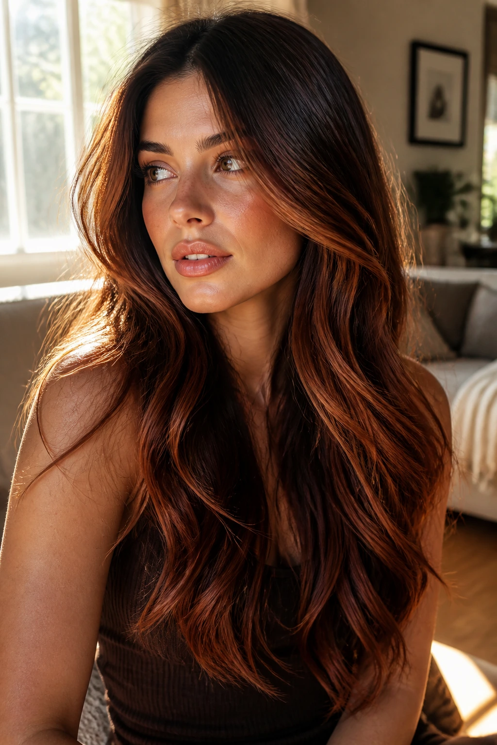 Real woman with cinnamon-to-auburn gradient in long waves.
