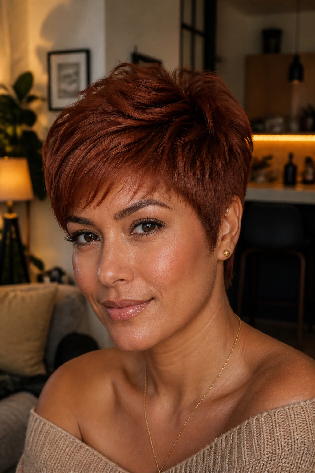 Real woman with cinnamon auburn pixie haircut