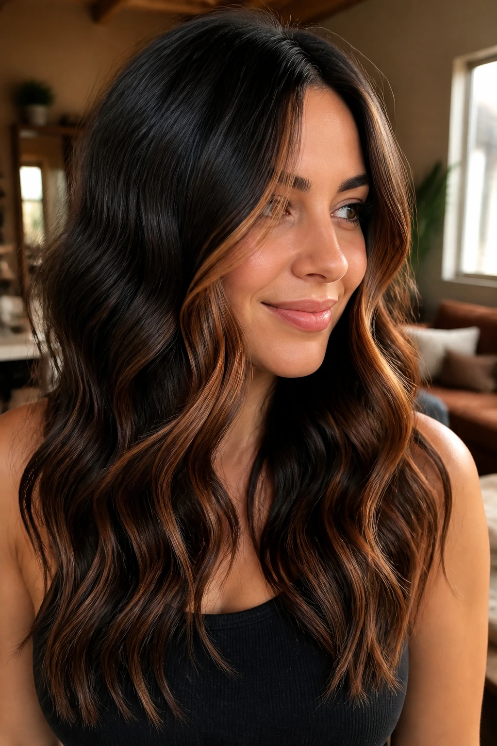Close-up of dark hair with cinnamon ribbons peeking through wavy mid-lengths