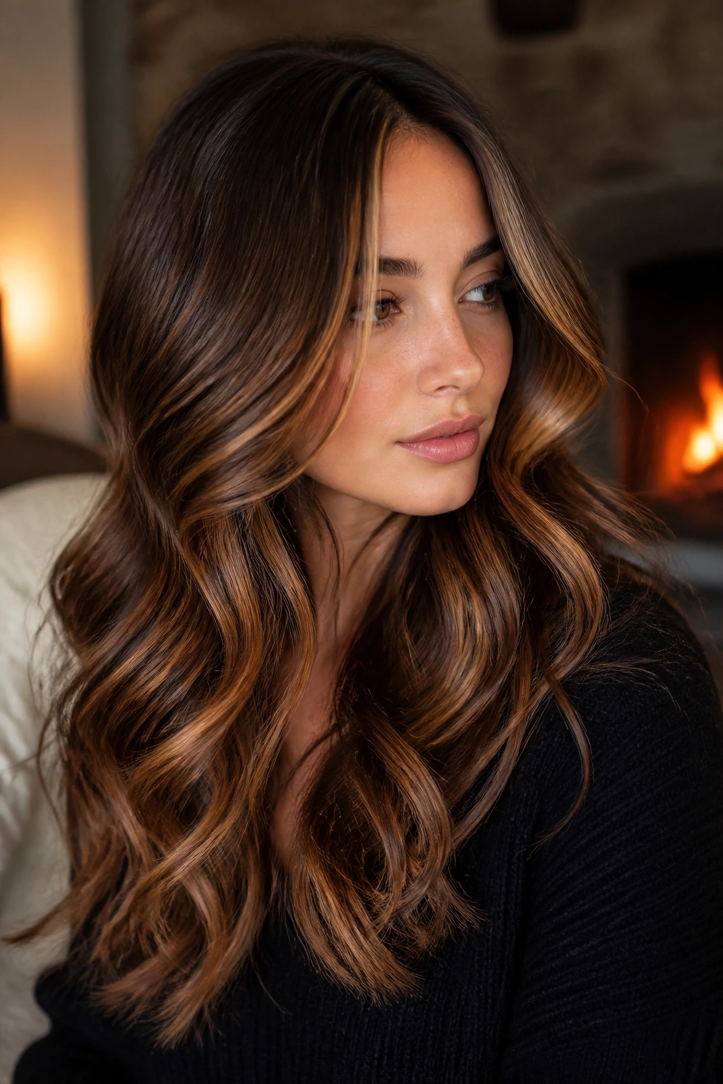 Brunette with dimensional cinnamon balayage, warm mid-lengths and face-framing tones.