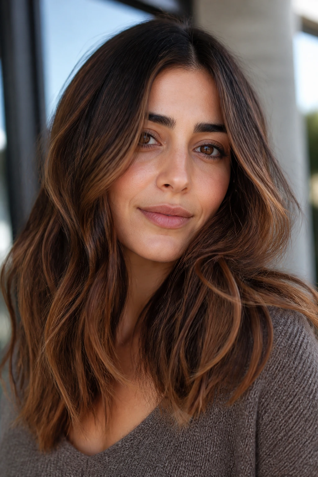 Olive skin with cinnamon ribbons through long caramel balayage.