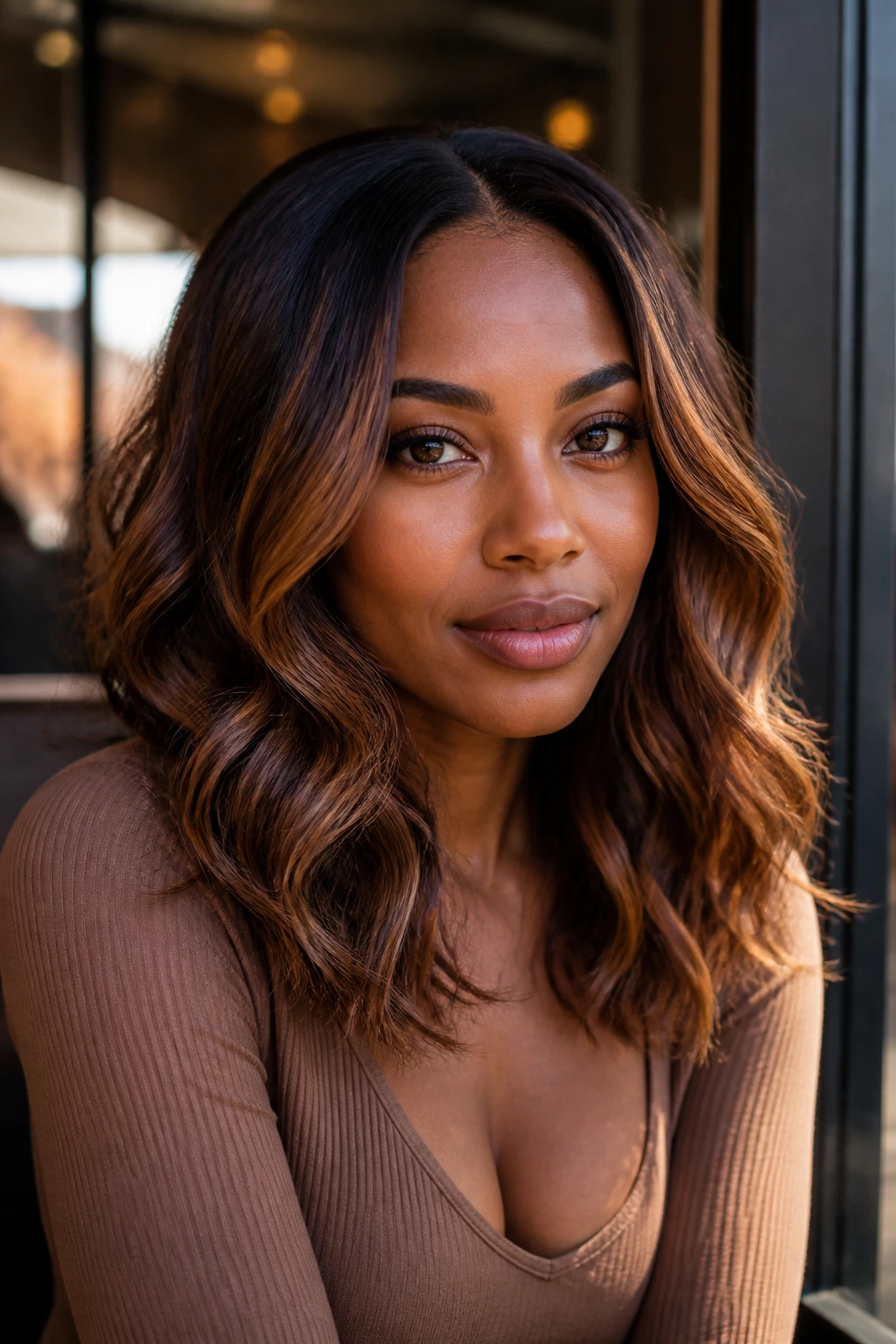 Close-up portrait of a woman with cinnamon balayage ribbons in sunlit setting.