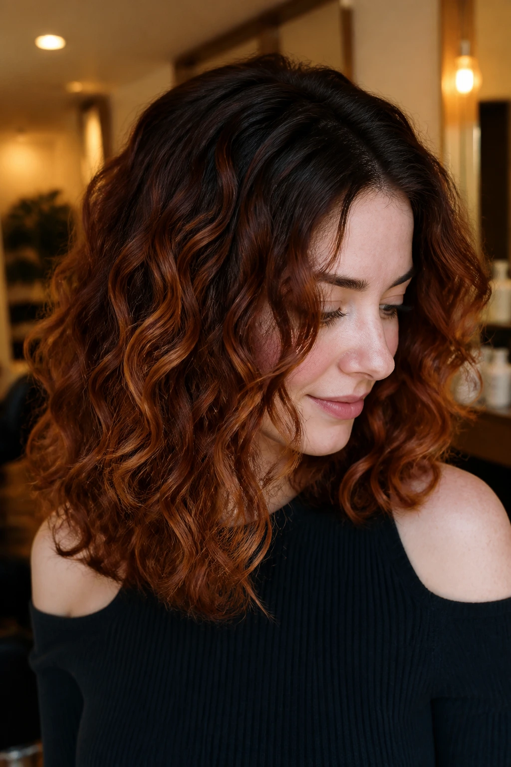 Close-up of cinnamon balayage on mid-length curly hair