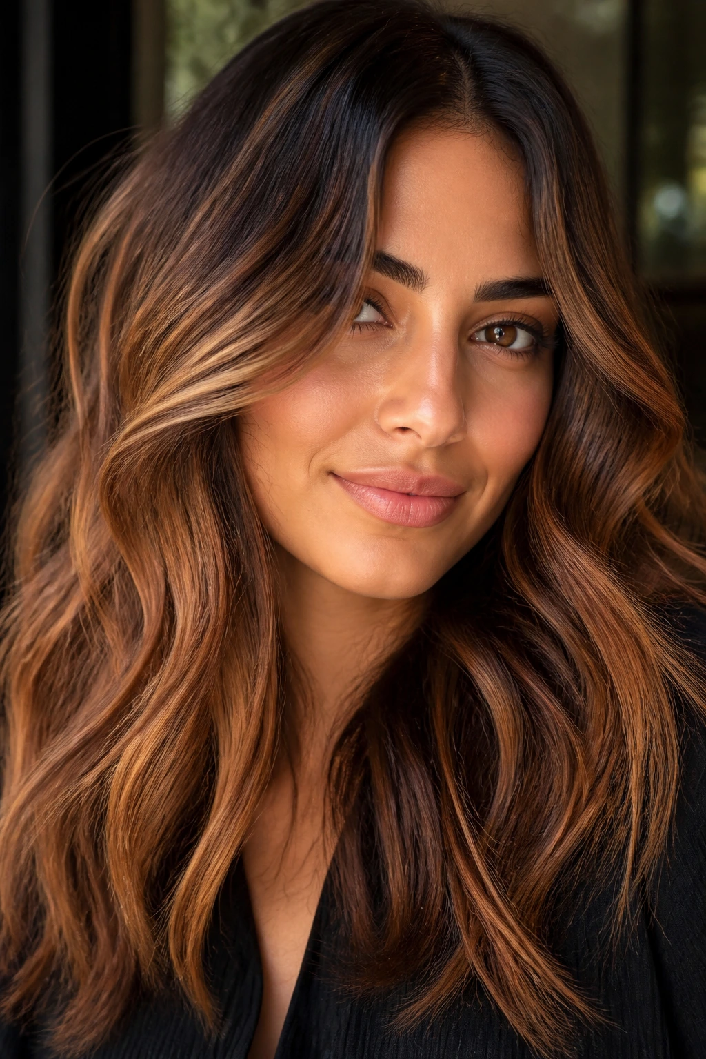 Brunette hair with cinnamon ribbons and caramel balayage on olive skin.