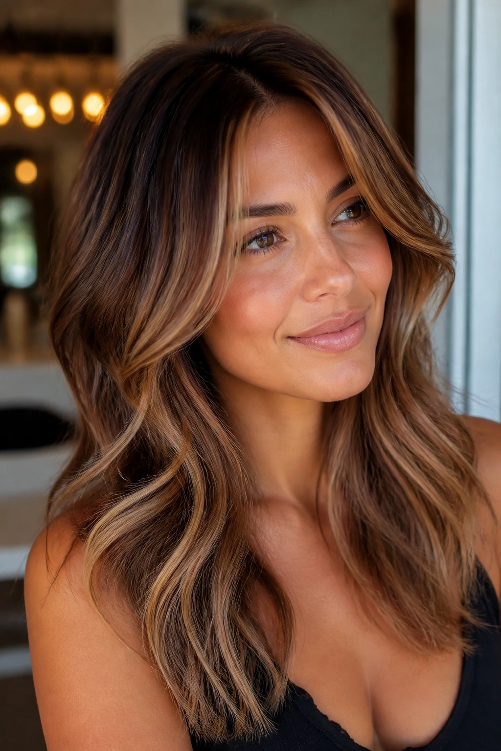 Brunette with cinnamon balayage and blonde ribbons