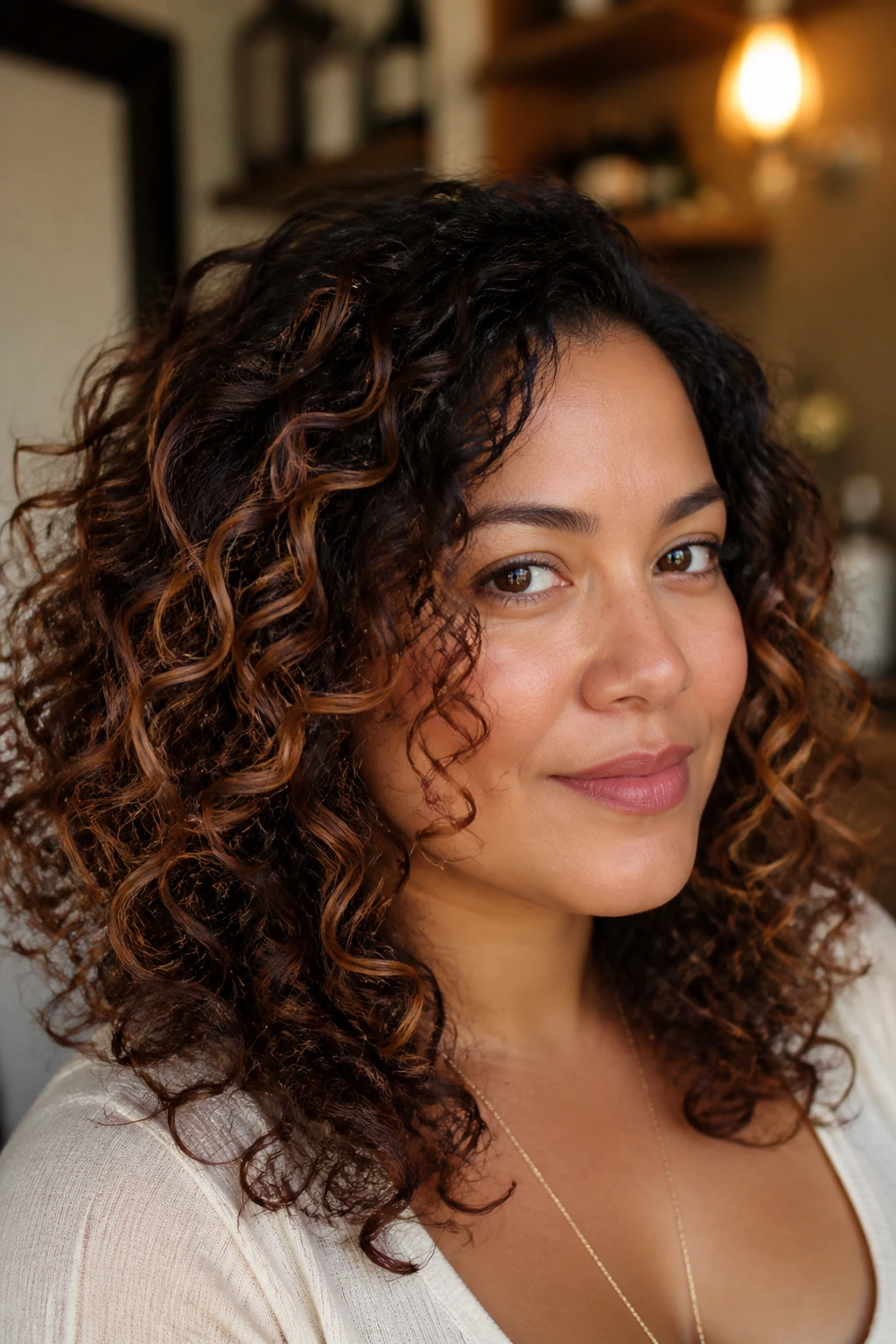 Close-up portrait of a woman with curly hair and cinnamon sheen balayage on medium skin