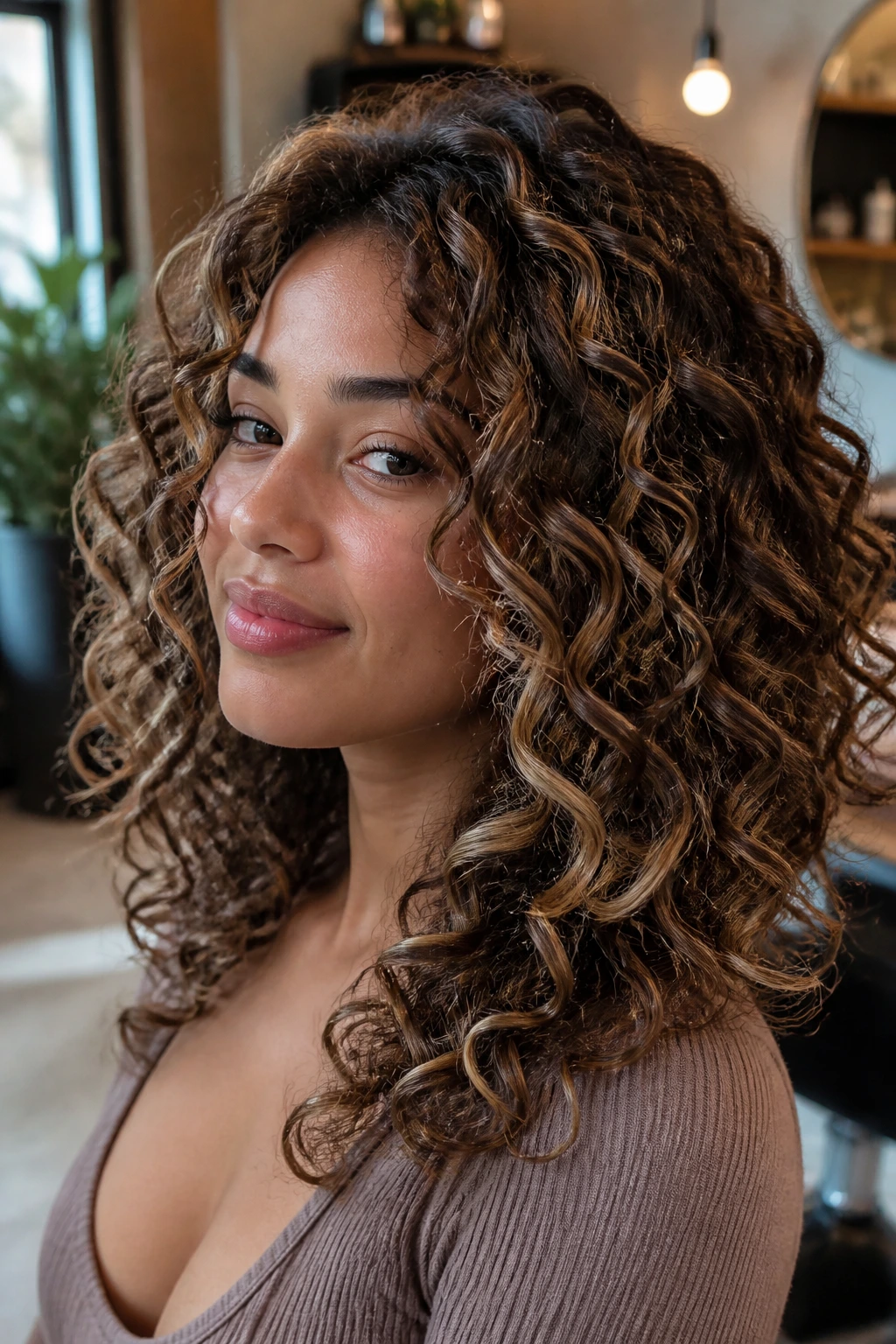 Close-up of a real woman with cinnamon base and vanilla thread highlights in curly hair