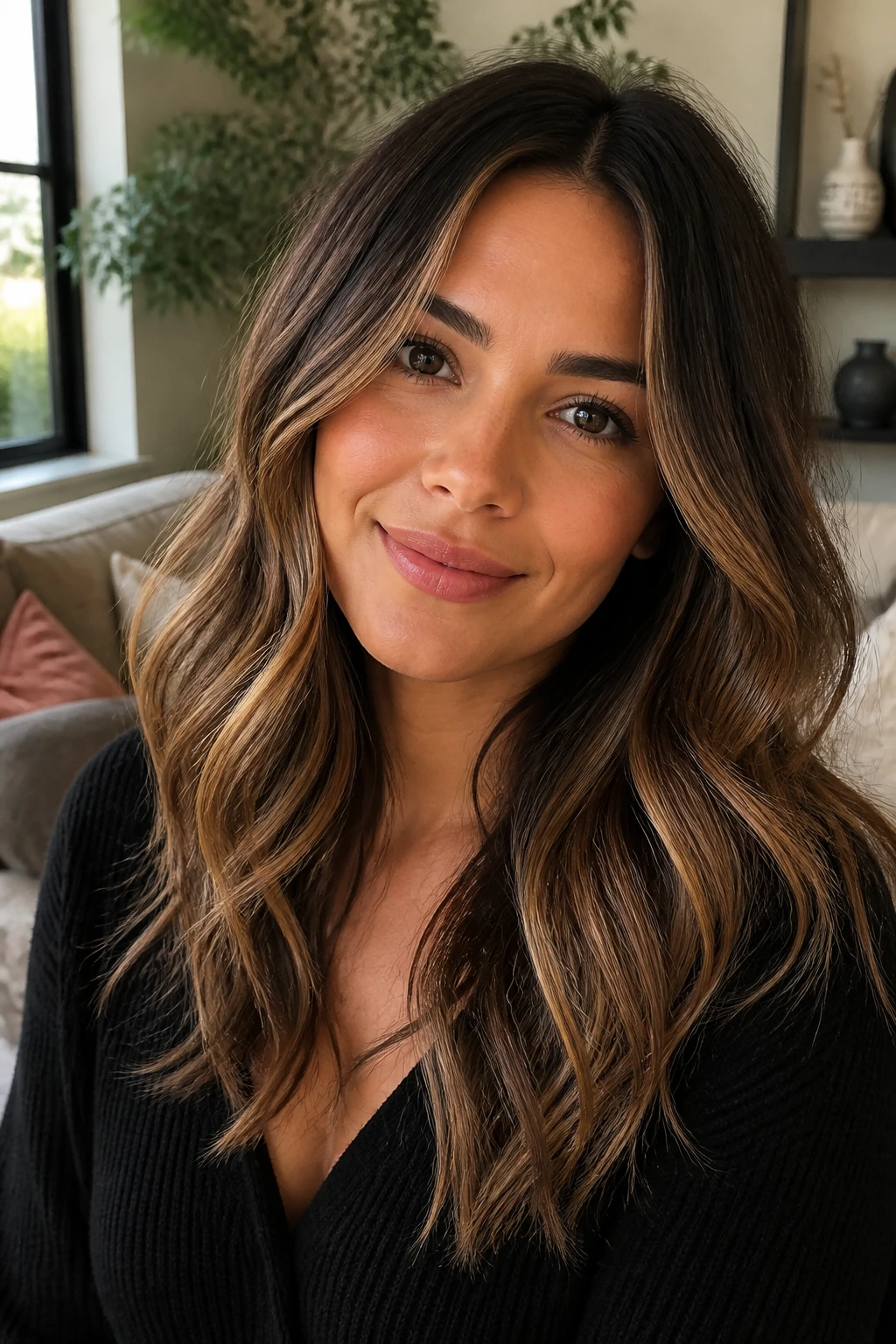 Close-up of cinnamon beige balayage on a real woman's hair in warm daylight