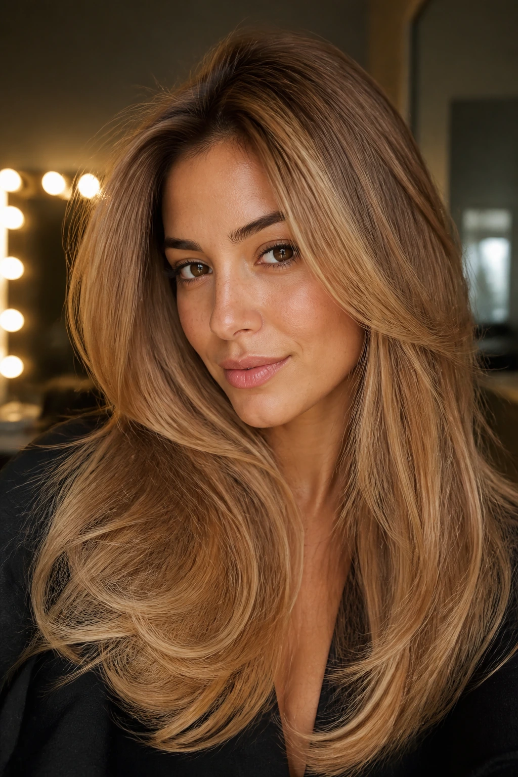 Close-up portrait of a real woman with cinnamon blonde blowout on olive skin