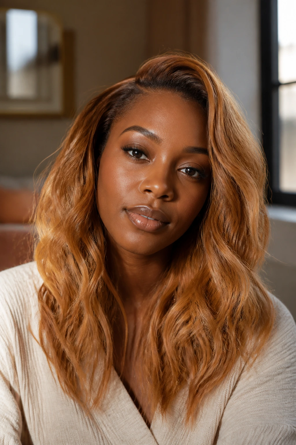 Close-up portrait of a real woman with cinnamon blonde hair and deep skin tone in warm window light.