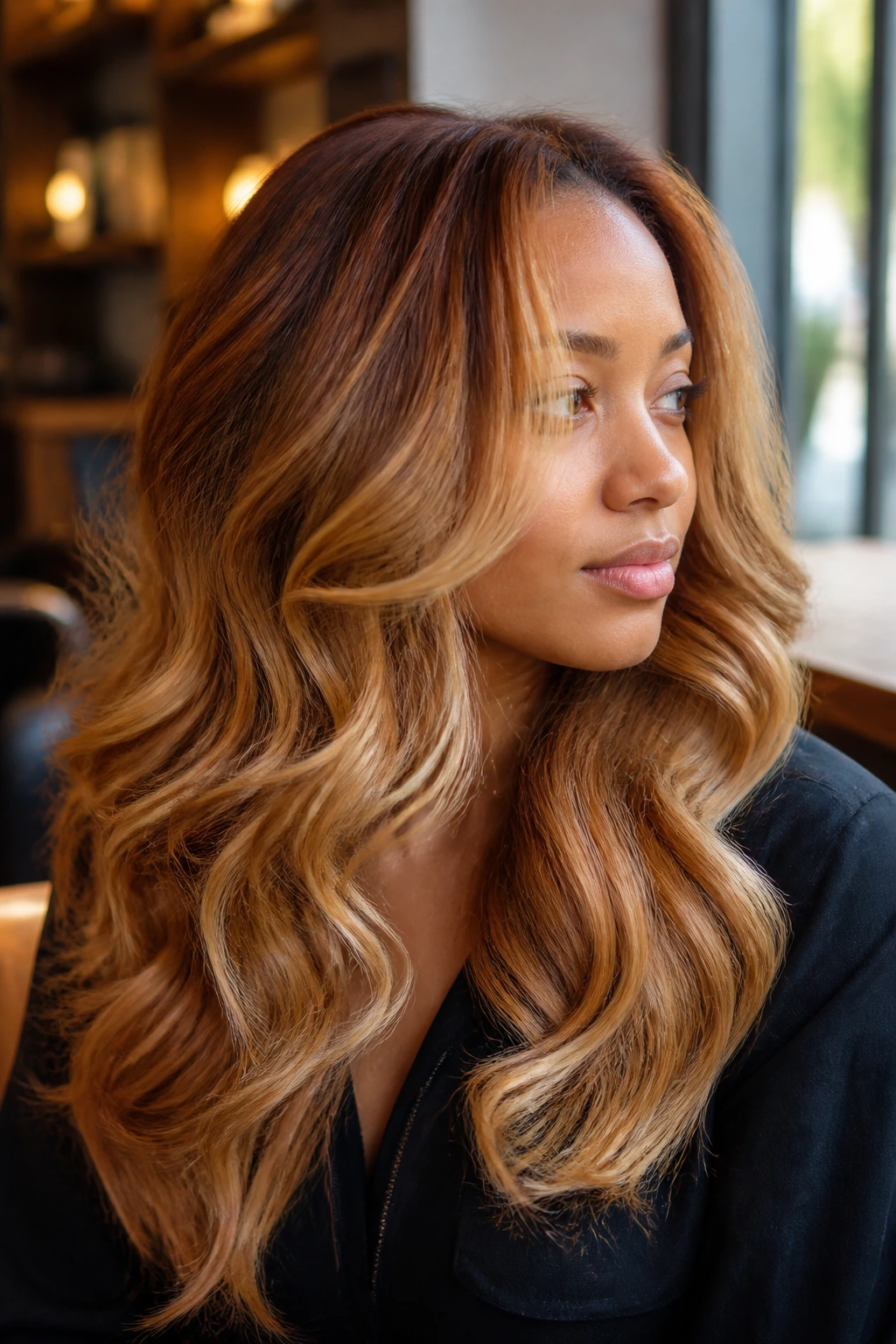 Close-up of a real woman showing a cinnamon-to-blonde melt in soft waves.