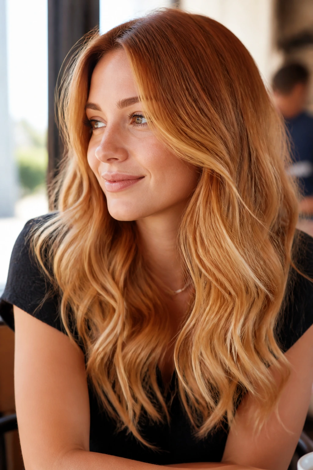 Close-up portrait of a real woman with cinnamon-blonde ombré hair and warm roots.