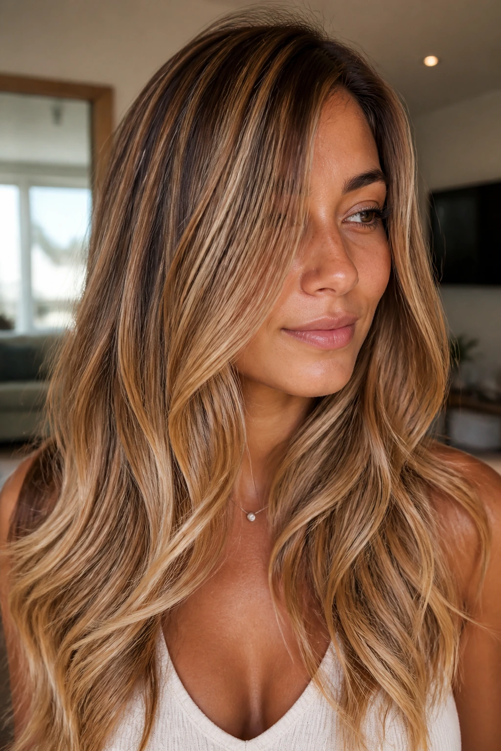 Close-up of a real woman with cinnamon blonde ribbon highlights in warm light