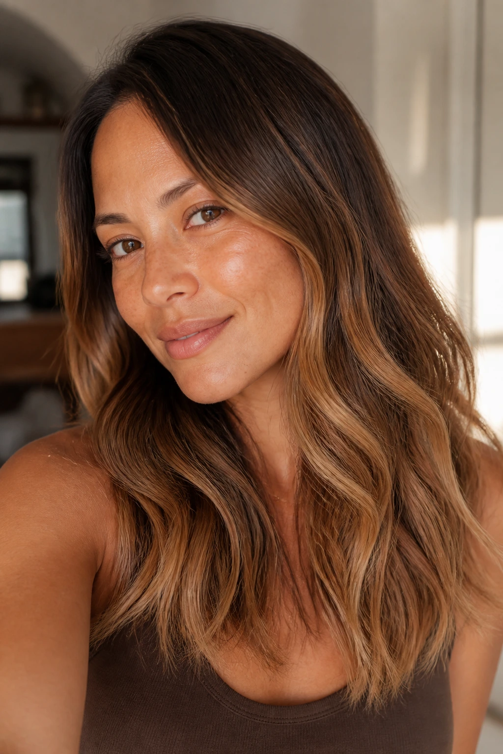 Portrait showing cinnamon bronde melt hair color gradient