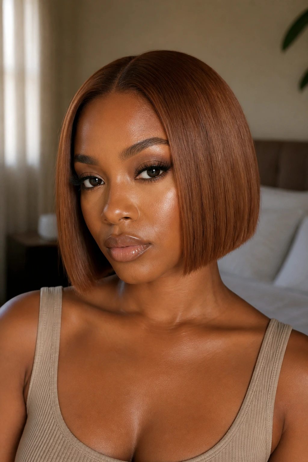Close-up of a real woman with a blunt cinnamon bronze bob in warm window light