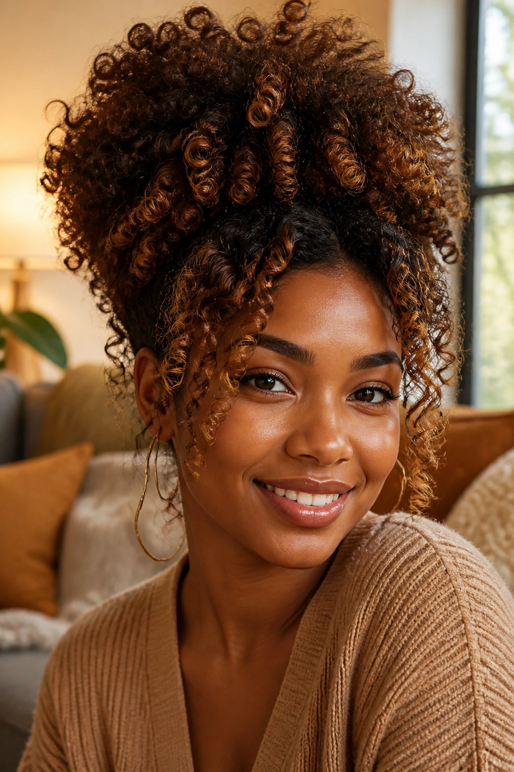 Curly hair with cinnamon bronze highlights framing the face on deep skin