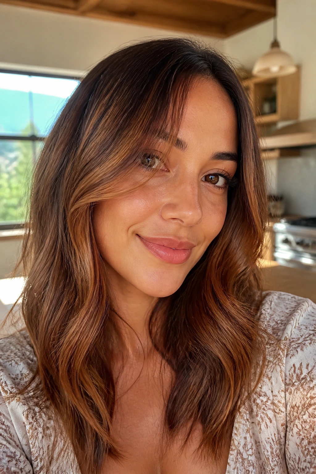 Portrait of real person with cinnamon brown balayage in warm light