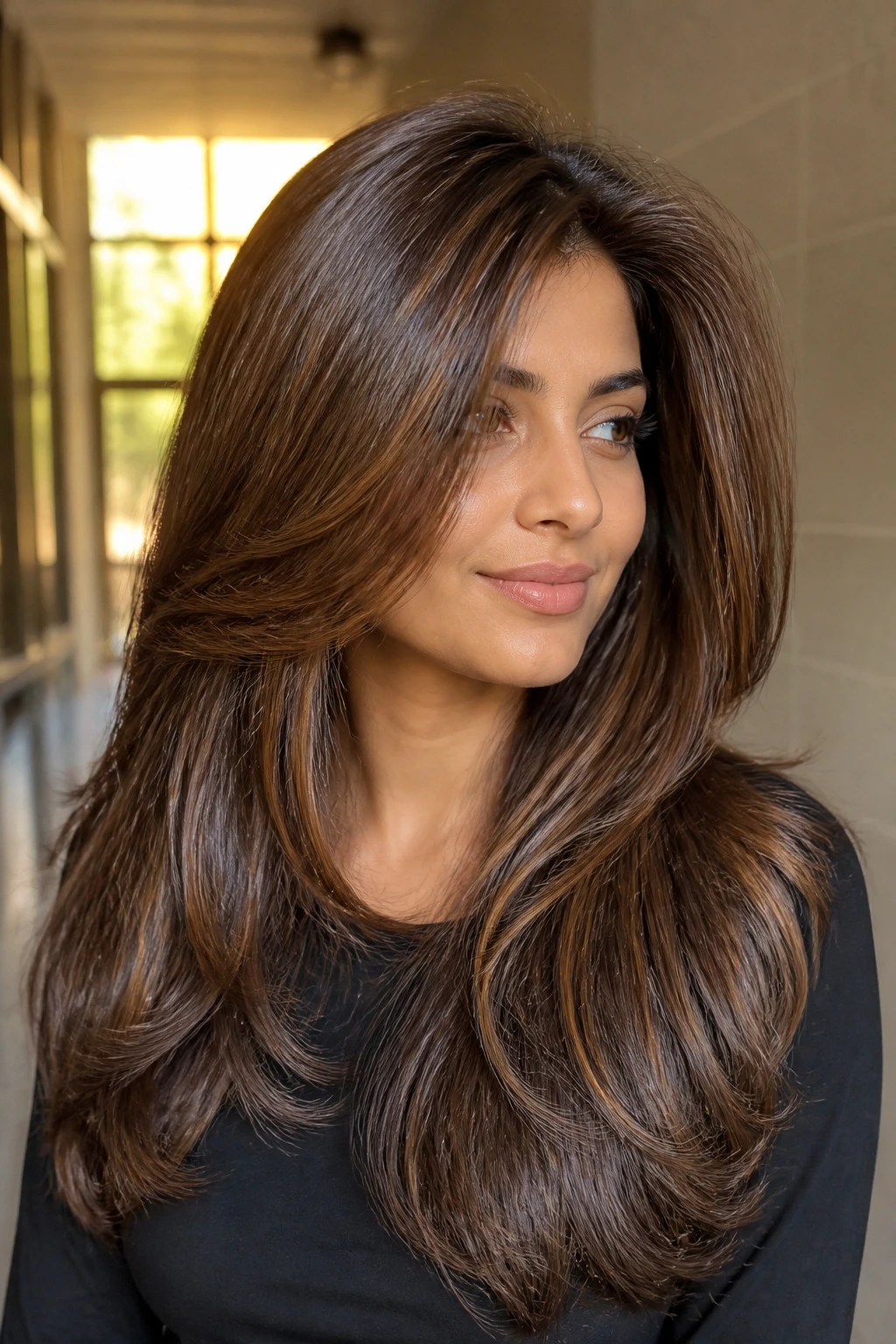 Close-up of sleek blowout layers with cinnamon-brown lowlights on a real person