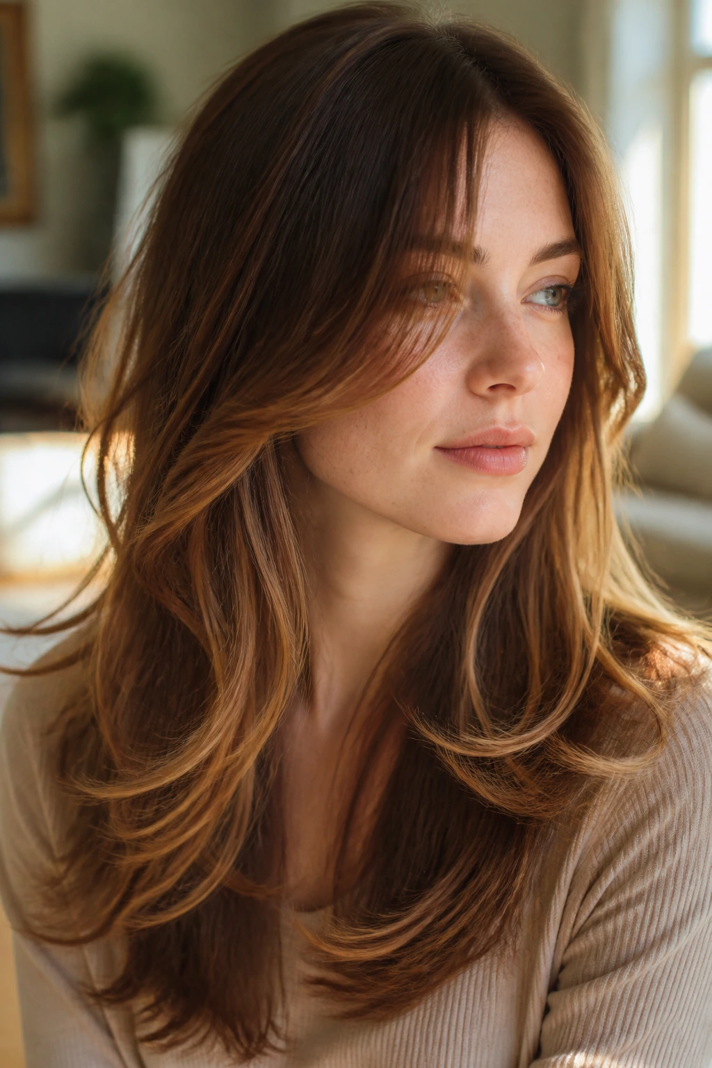 Close-up portrait of a real woman with cinnamon brown hair and honey tips in a butterfly cut