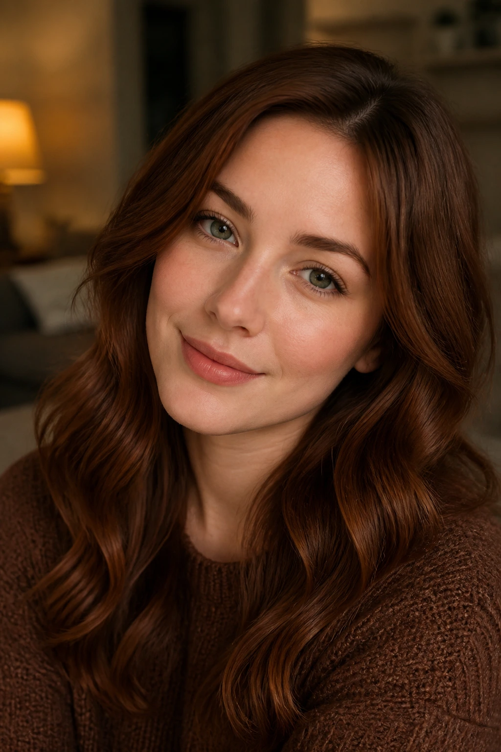 Close-up of a real woman with cinnamon brown hair in cozy lighting
