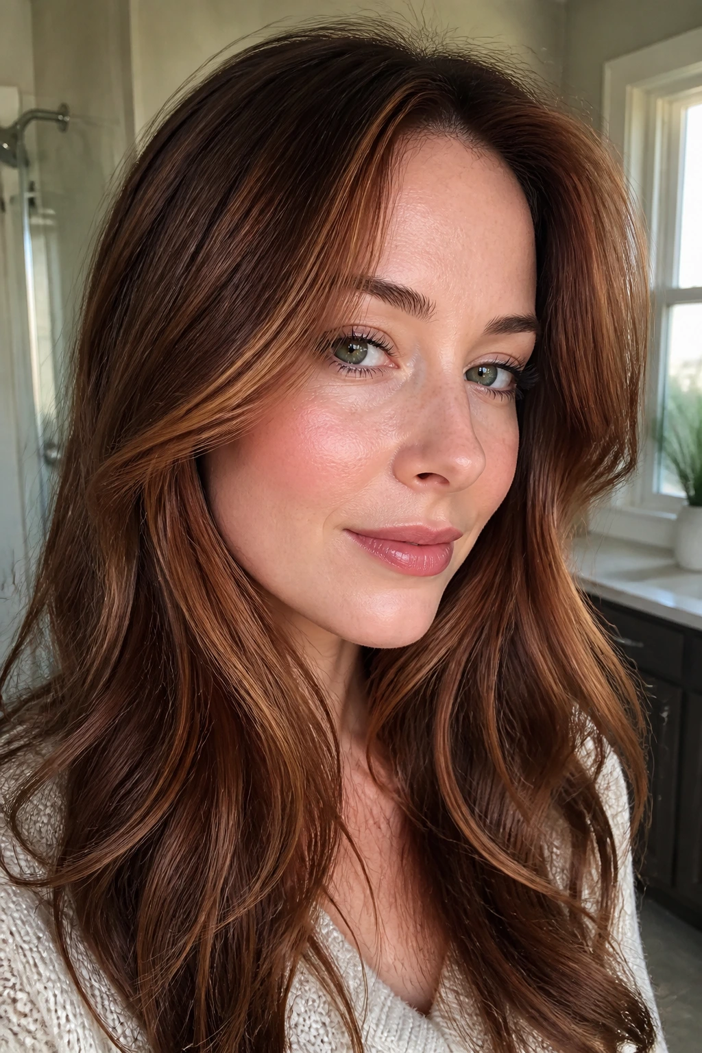 Close-up of cinnamon brown hair framing the face on pale skin with a glossy finish.