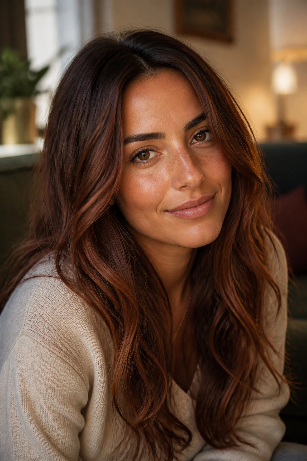 Close-up portrait of a real woman with cinnamon brown hair and copper lowlights.