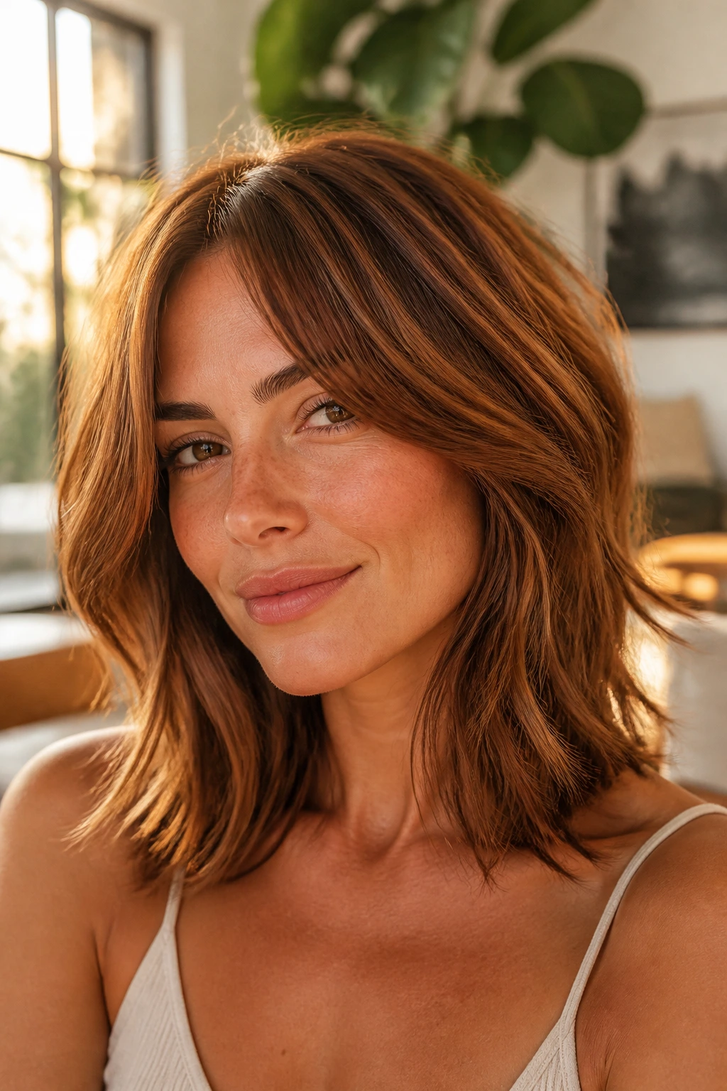 Close-up portrait of a woman with cinnamon brown lob and long shag layers