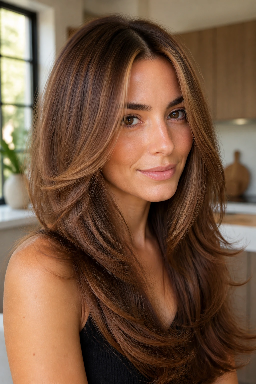 Woman with cinnamon swirl long cut featuring outward-swirl face-framing pieces