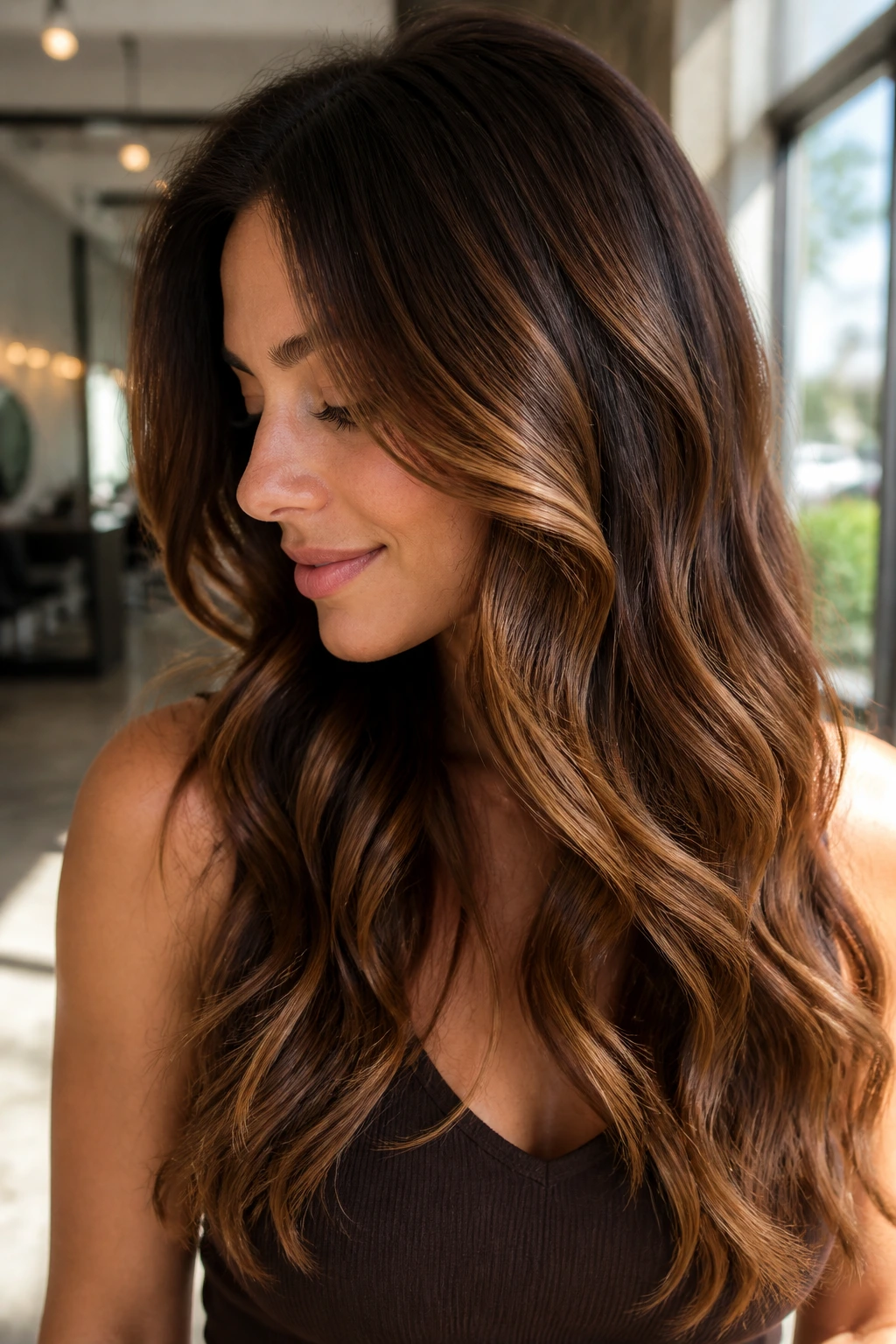 Cinnamon brown melt on layered brunette with warm glow.