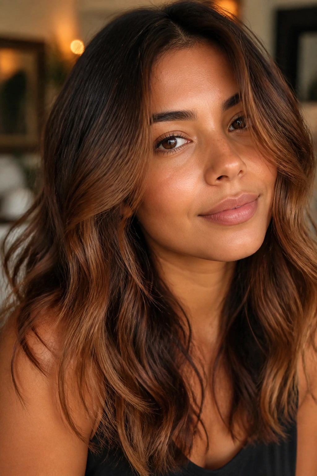 Close-up of hair with cinnamon brown melt transitioning from root to ends under warm light.