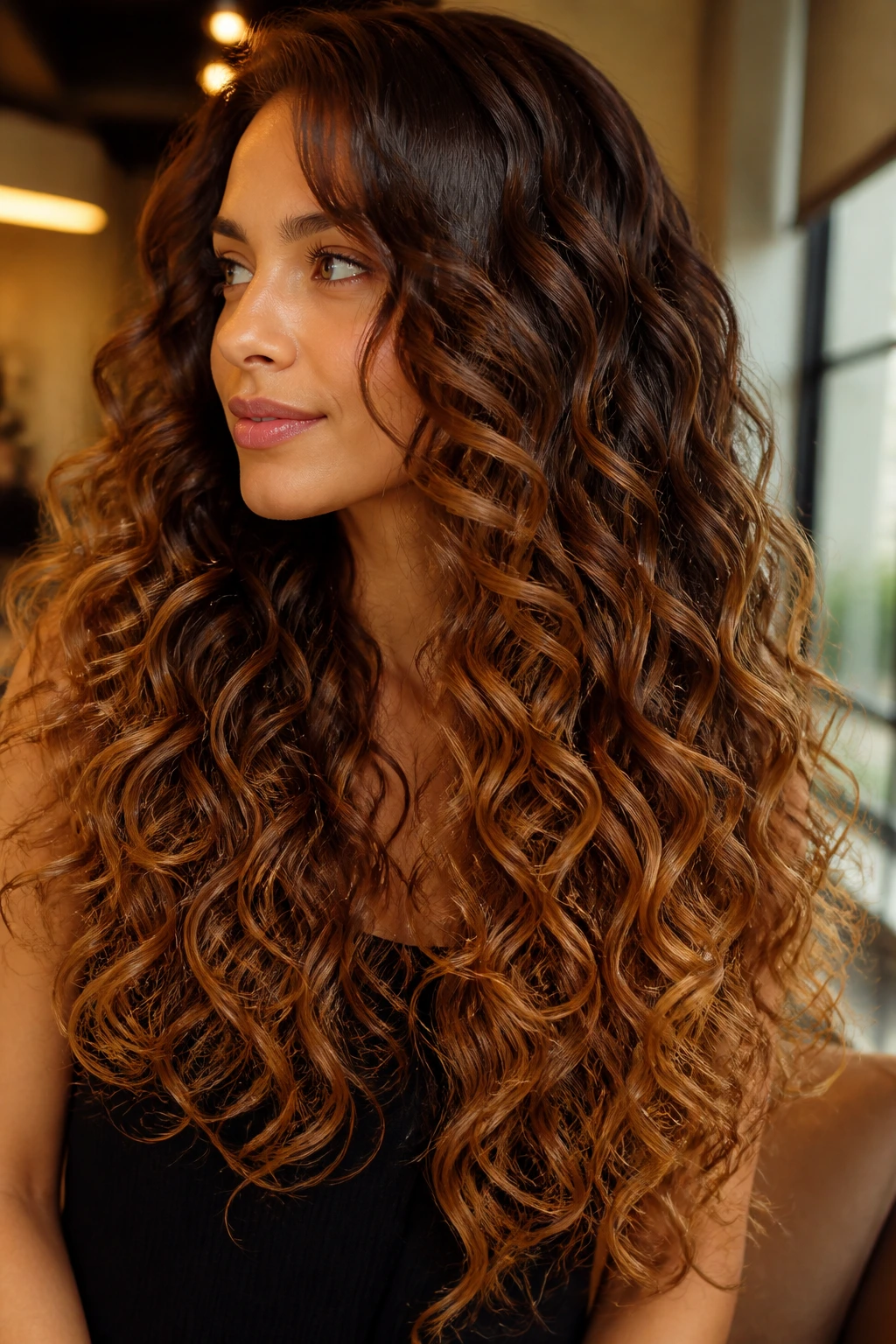 Close-up of a real woman with cinnamon brown ombre and golden tips on long curls