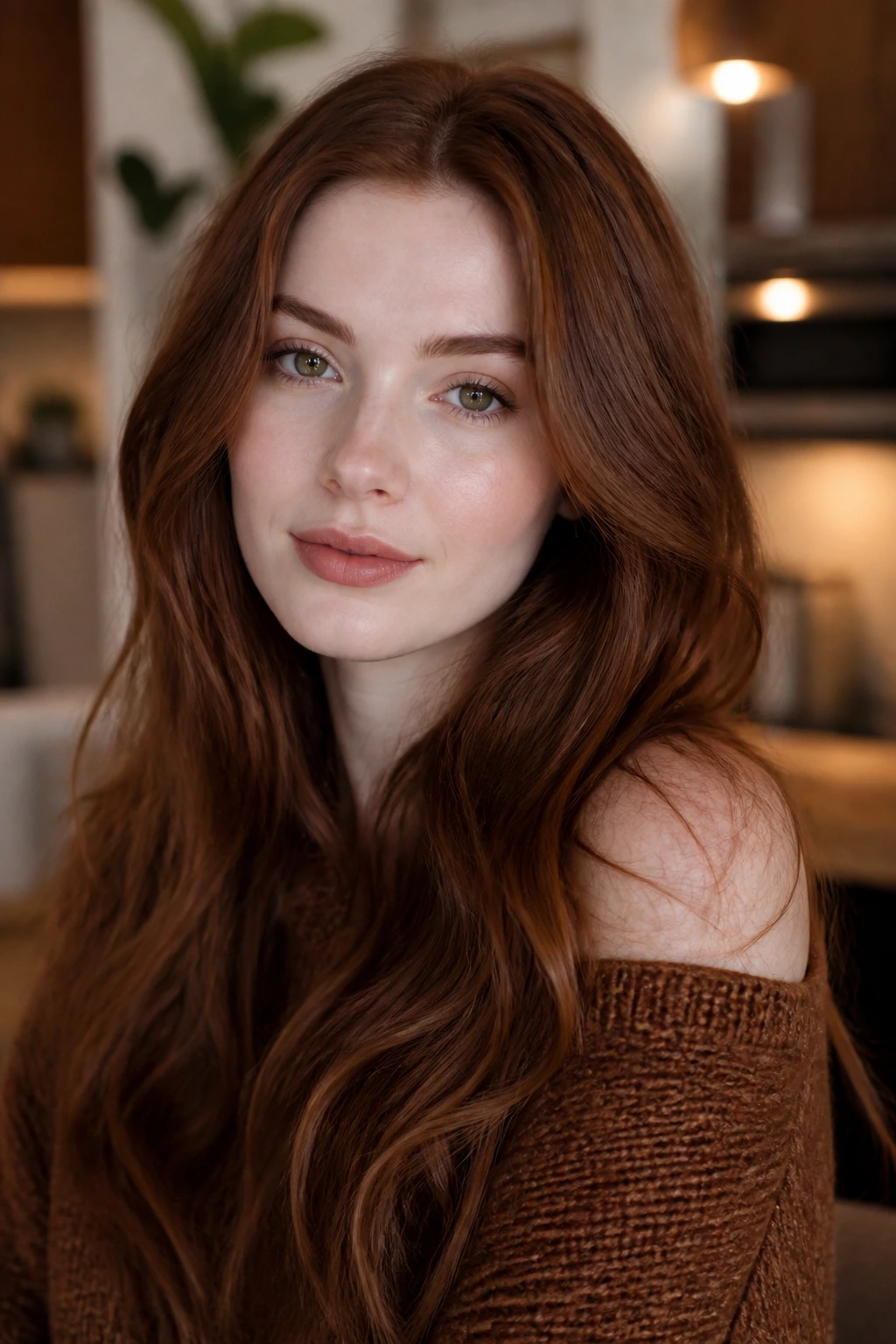Portrait of person with cinnamon brown hair and pale skin in a warm interior