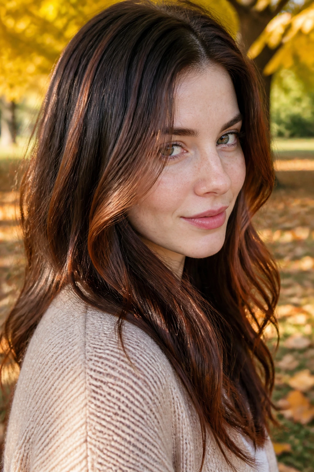 Portrait of a real woman with cinnamon-brown softening strands around the face.