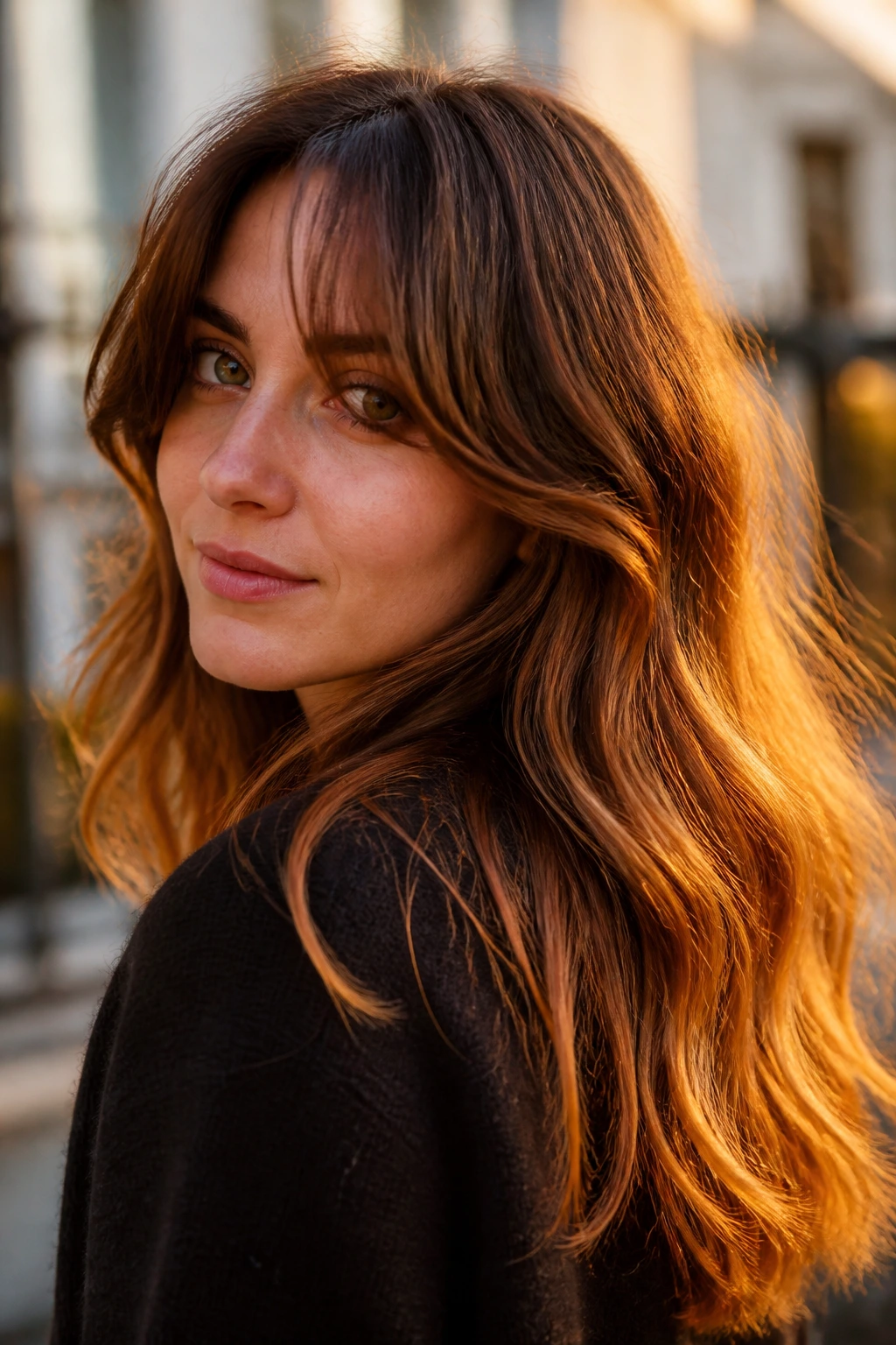 Real woman with cinnamon brown hair and sunlit ends