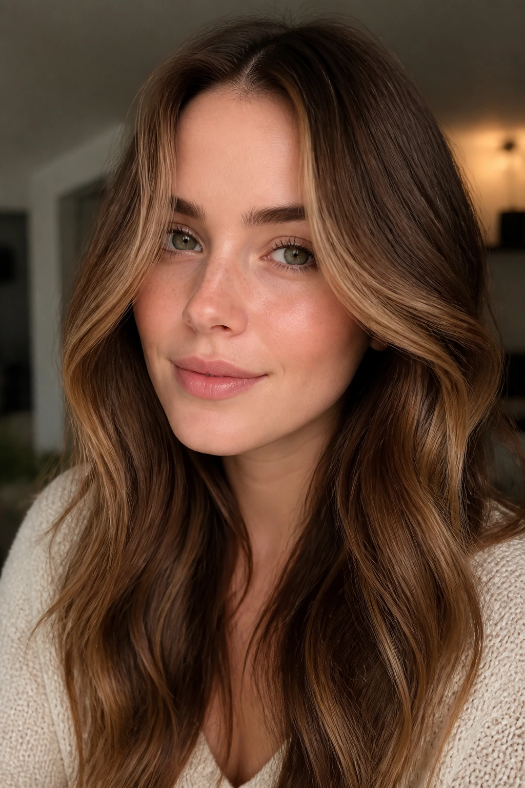 Close-up of a real woman with cinnamon brunette hair and beige highlights