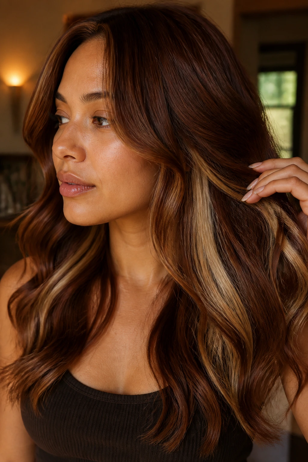 Close-up portrait of a real woman with cinnamon brunette and blonde peekaboo