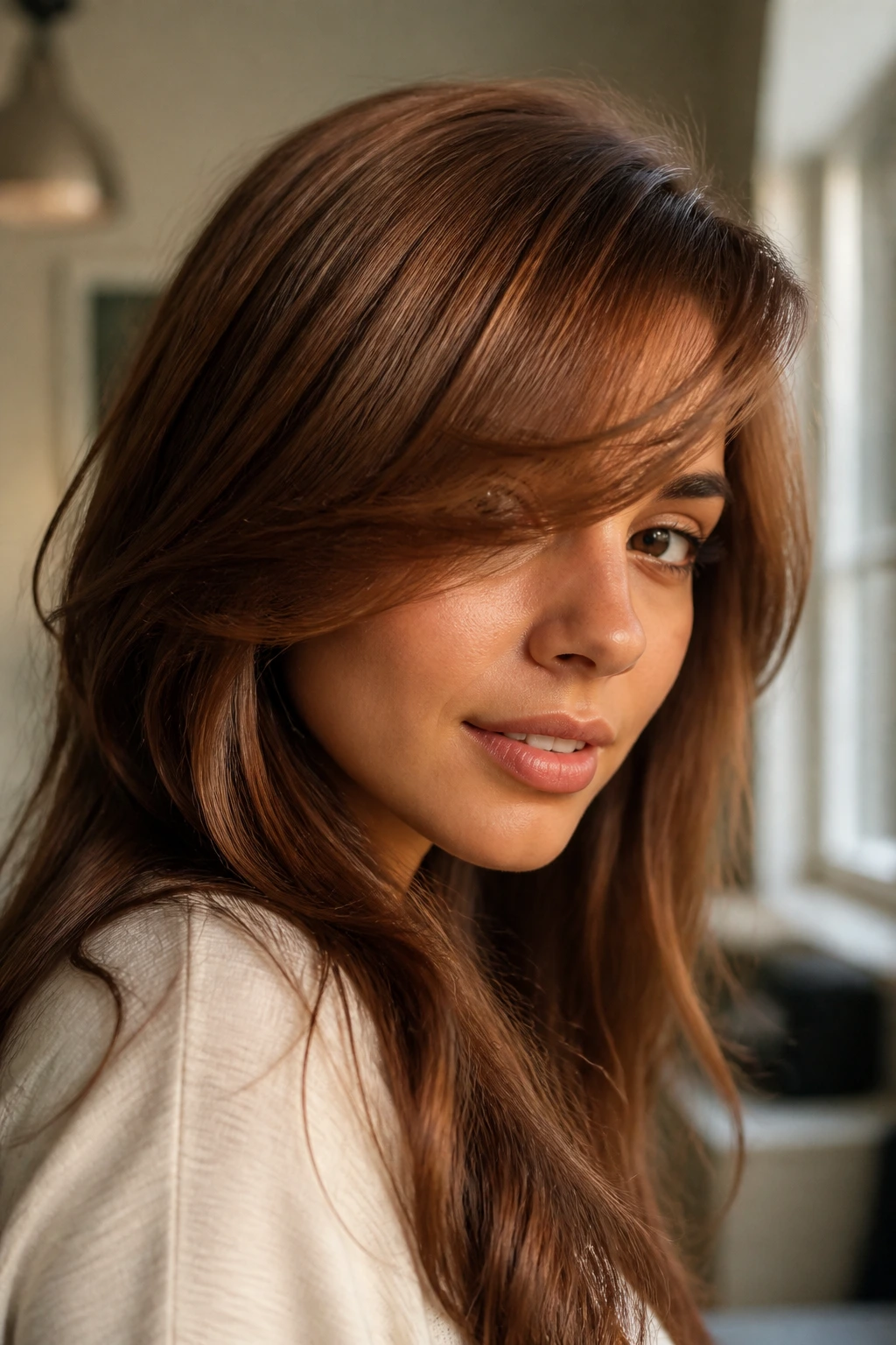 Close-up cinnamon brunette with side-swept bangs in warm light